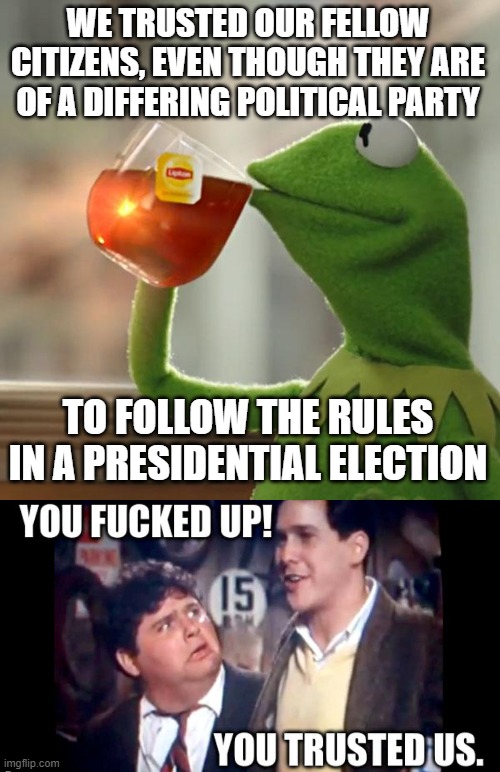 WE TRUSTED OUR FELLOW CITIZENS, EVEN THOUGH THEY ARE OF A DIFFERING POLITICAL PARTY; TO FOLLOW THE RULES IN A PRESIDENTIAL ELECTION | image tagged in memes,but that's none of my business | made w/ Imgflip meme maker