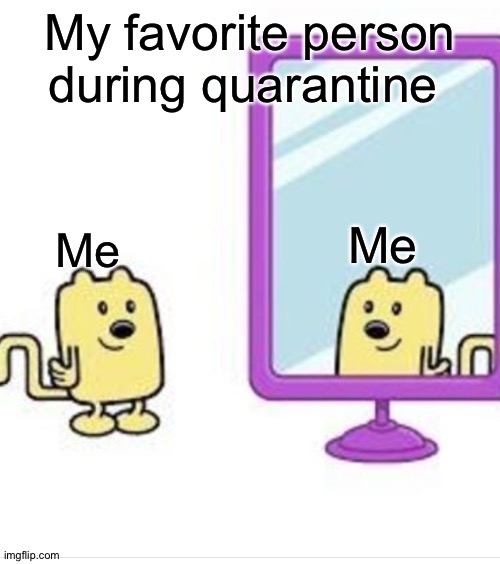 When you don't have a familiy during quarantine | My favorite person during quarantine; Me; Me | image tagged in wubbzy looking at himself in the mirror,coronavirus,quarantine | made w/ Imgflip meme maker