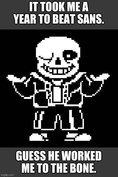 Literally took me a year | IT TOOK ME A YEAR TO BEAT SANS. GUESS HE WORKED ME TO THE BONE. | image tagged in sans undertale | made w/ Imgflip meme maker
