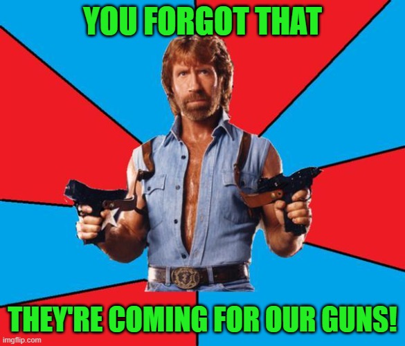 Chuck Norris With Guns Meme | YOU FORGOT THAT THEY'RE COMING FOR OUR GUNS! | image tagged in memes,chuck norris with guns,chuck norris | made w/ Imgflip meme maker