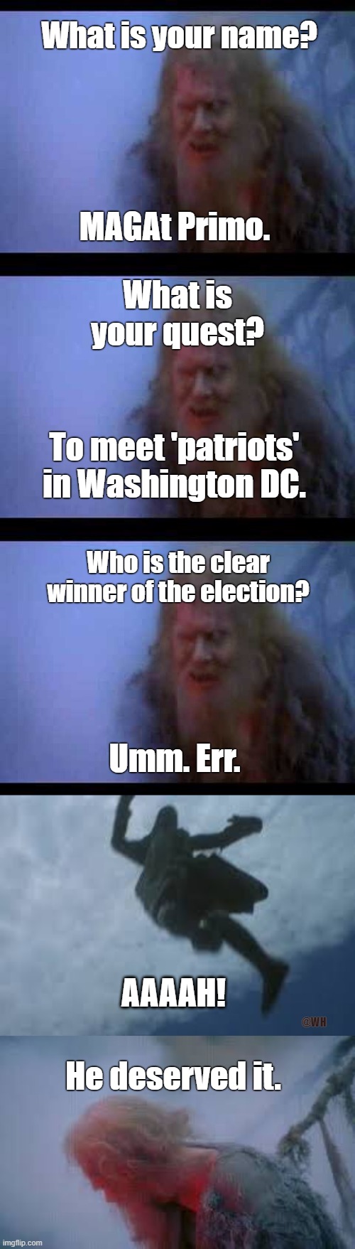 @MillionMAGAMarch Meets the Bridge Keeper | What is your name? MAGAt Primo. What is your quest? To meet 'patriots'
in Washington DC. Who is the clear winner of the election? Umm. Err. AAAAH! @WH; He deserved it. | image tagged in millionmagamarch,bridge keeper | made w/ Imgflip meme maker