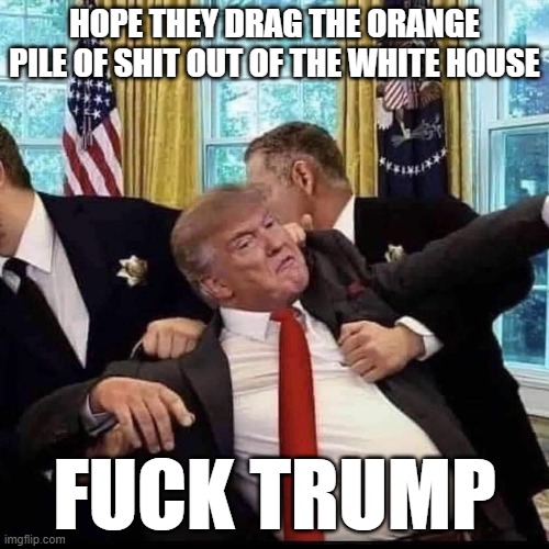 DRAG HIM OUT!!!!!!!!! | HOPE THEY DRAG THE ORANGE PILE OF SHIT OUT OF THE WHITE HOUSE; FUCK TRUMP | image tagged in fucktrump | made w/ Imgflip meme maker