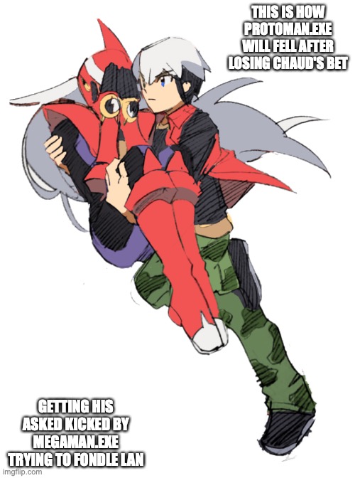 Protoman.EXE Feeling Ashamed | THIS IS HOW PROTOMAN.EXE WILL FELL AFTER LOSING CHAUD'S BET; GETTING HIS ASKED KICKED BY MEGAMAN.EXE TRYING TO FONDLE LAN | image tagged in ashamed,protoman,megaman,megaman battle network,memes,eugene chaud | made w/ Imgflip meme maker
