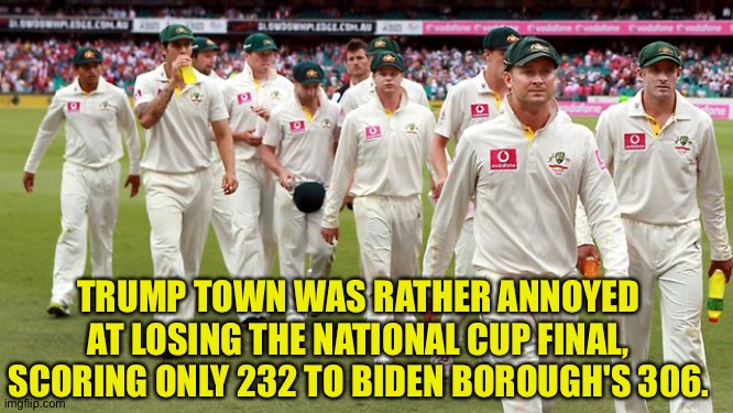 538 total runs in the final | TRUMP TOWN WAS RATHER ANNOYED AT LOSING THE NATIONAL CUP FINAL, SCORING ONLY 232 TO BIDEN BOROUGH'S 306. | image tagged in cricket | made w/ Imgflip meme maker