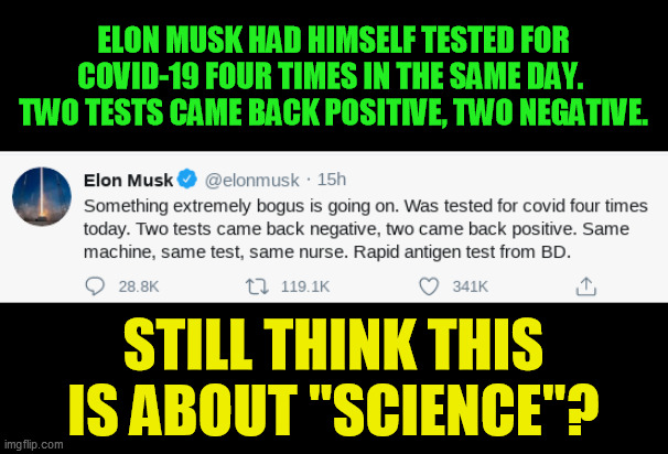 Just like those Tanzanian test samples for a goat and a pawpaw fruit that BOTH came back "positive"  :-/ | ELON MUSK HAD HIMSELF TESTED FOR COVID-19 FOUR TIMES IN THE SAME DAY.  TWO TESTS CAME BACK POSITIVE, TWO NEGATIVE. STILL THINK THIS IS ABOUT "SCIENCE"? | image tagged in covid-19,coronavirus,junk science,politics,scam,virus testing | made w/ Imgflip meme maker