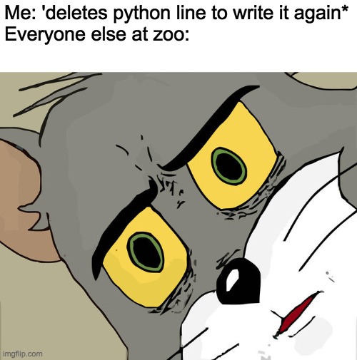 yes | Me: 'deletes python line to write it again*
Everyone else at zoo: | image tagged in memes,unsettled tom | made w/ Imgflip meme maker