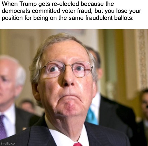 mitch mcconnell | When Trump gets re-elected because the democrats committed voter fraud, but you lose your position for being on the same fraudulent ballots: | image tagged in mitch mcconnell | made w/ Imgflip meme maker