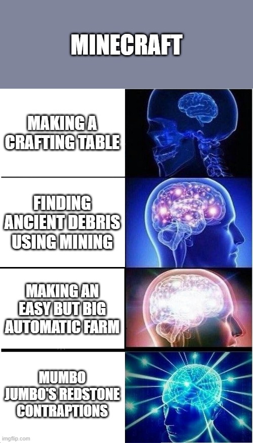 Expanding Brain Meme | MINECRAFT; MAKING A CRAFTING TABLE; FINDING ANCIENT DEBRIS USING MINING; MAKING AN EASY BUT BIG AUTOMATIC FARM; MUMBO JUMBO'S REDSTONE CONTRAPTIONS | image tagged in memes,expanding brain | made w/ Imgflip meme maker