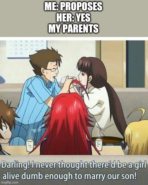 ME: PROPOSES
HER: YES
MY PARENTS | image tagged in memes,anime,mom,parents | made w/ Imgflip meme maker