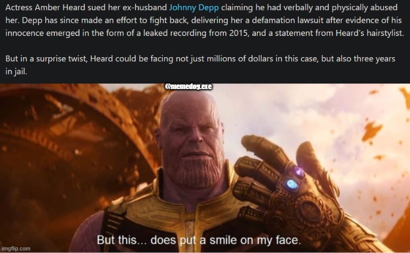 Justice is served | @memedog.exe | image tagged in but this does put a smile on my face,amber,johnny depp | made w/ Imgflip meme maker