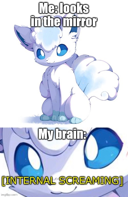 Yesssssssd | Me: looks in the mirror; My brain: | image tagged in alolan vulpix internal screaming | made w/ Imgflip meme maker