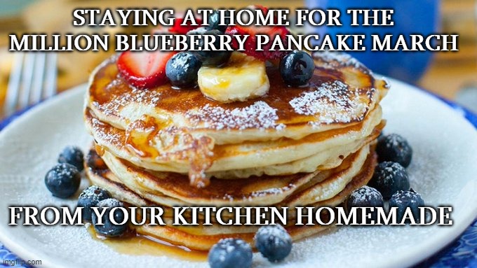 the million blue wave blueberry pancake march | STAYING AT HOME FOR THE MILLION BLUEBERRY PANCAKE MARCH; FROM YOUR KITCHEN HOMEMADE | image tagged in stay home,blueberry,blue wave,pancakes | made w/ Imgflip meme maker