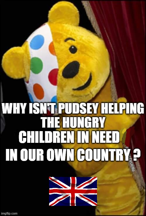 Pudsey - UK Kids need help too. | IN OUR OWN COUNTRY ? | image tagged in help me | made w/ Imgflip meme maker
