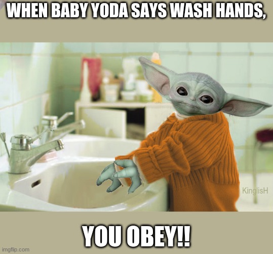 Baby Yoda Washing hands | WHEN BABY YODA SAYS WASH HANDS, YOU OBEY!! | image tagged in baby yoda washing hands | made w/ Imgflip meme maker