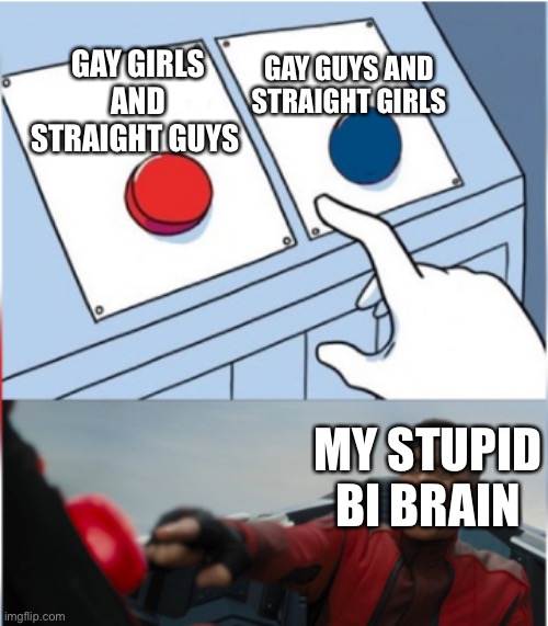 I hate my brain | GAY GUYS AND STRAIGHT GIRLS; GAY GIRLS AND STRAIGHT GUYS; MY STUPID BI BRAIN | image tagged in robotnik pressing red button | made w/ Imgflip meme maker