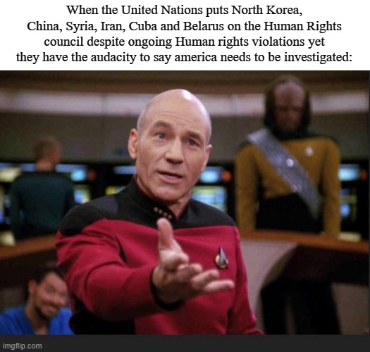 Seriously  | When the United Nations puts North Korea, China, Syria, Iran, Cuba and Belarus on the Human Rights council despite ongoing Human rights violations yet they have the audacity to say america needs to be investigated: | image tagged in seriously | made w/ Imgflip meme maker