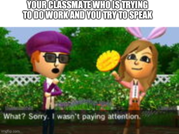 What sorry I wasnt paying attention | YOUR CLASSMATE WHO IS TRYING TO DO WORK AND YOU TRY TO SPEAK | image tagged in what sorry i wasnt paying attention,school | made w/ Imgflip meme maker