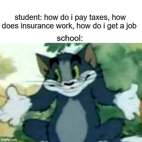 abcdefghijklmnopqrstuvwxyz | student: how do i pay taxes, how does insurance work, how do i get a job; school: | image tagged in tom and jerry,funny | made w/ Imgflip meme maker
