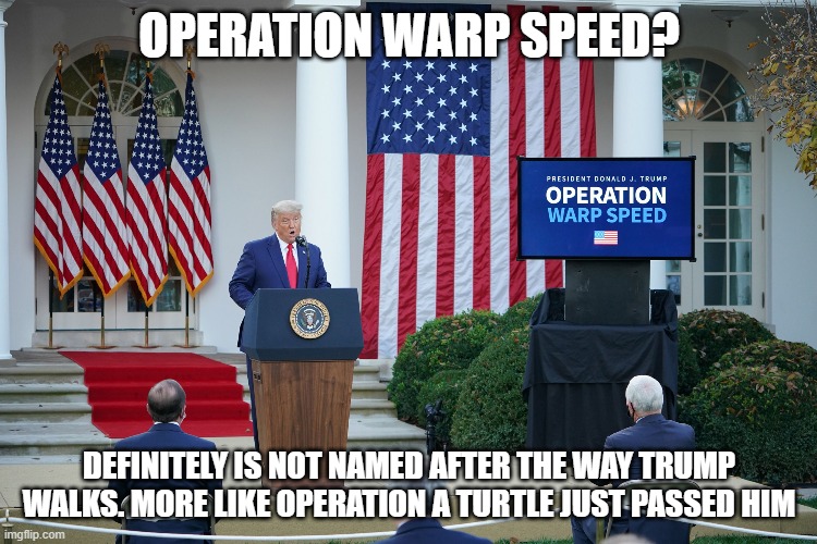 Operation Warp Speed | OPERATION WARP SPEED? DEFINITELY IS NOT NAMED AFTER THE WAY TRUMP WALKS. MORE LIKE OPERATION A TURTLE JUST PASSED HIM | image tagged in operation warp speed | made w/ Imgflip meme maker