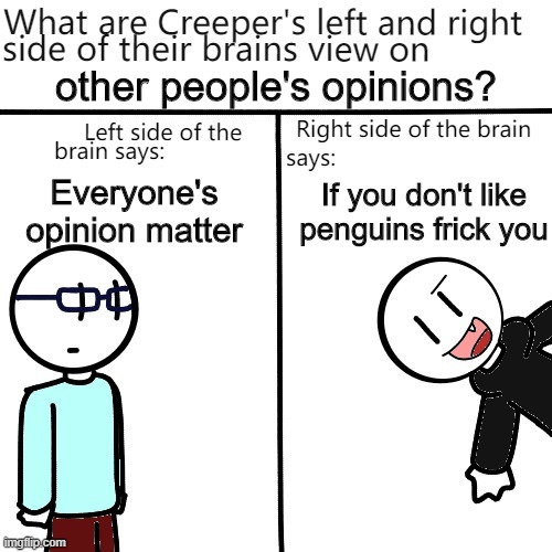 other people's opinions? If you don't like penguins frick you; Everyone's opinion matter | image tagged in creeper's brain | made w/ Imgflip meme maker