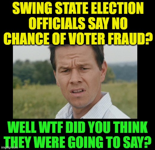 SWING STATE ELECTION OFFICIALS SAY NO CHANCE OF VOTER FRAUD? WELL WTF DID YOU THINK THEY WERE GOING TO SAY? | image tagged in election 2020,voter fraud,trump,biden | made w/ Imgflip meme maker