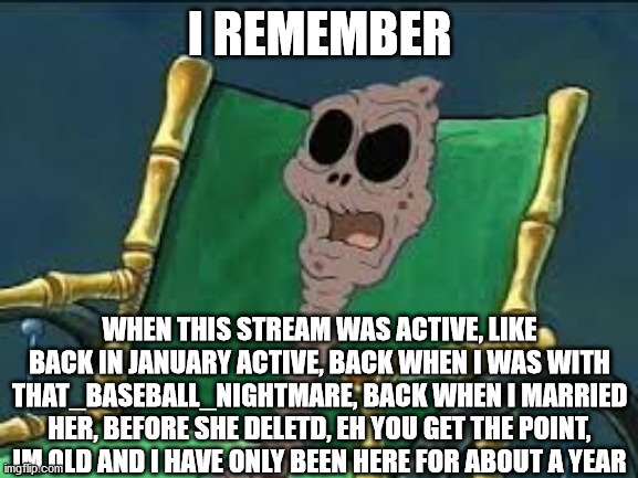 I remember when | I REMEMBER; WHEN THIS STREAM WAS ACTIVE, LIKE BACK IN JANUARY ACTIVE, BACK WHEN I WAS WITH THAT_BASEBALL_NIGHTMARE, BACK WHEN I MARRIED HER, BEFORE SHE DELETD, EH YOU GET THE POINT, IM OLD AND I HAVE ONLY BEEN HERE FOR ABOUT A YEAR | image tagged in i remember when | made w/ Imgflip meme maker