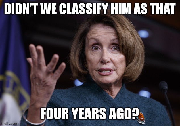 Good old Nancy Pelosi | DIDN’T WE CLASSIFY HIM AS THAT FOUR YEARS AGO? | image tagged in good old nancy pelosi | made w/ Imgflip meme maker