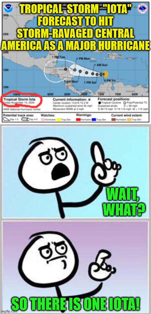 Wait, What?! | TROPICAL  STORM  "IOTA"
FORECAST TO HIT STORM-RAVAGED CENTRAL AMERICA AS A MAJOR HURRICANE; WAIT,  WHAT? SO THERE IS ONE IOTA! | image tagged in wait what,memes,hurricane,well yes but actually no,i see what you did there,yoda there is another | made w/ Imgflip meme maker