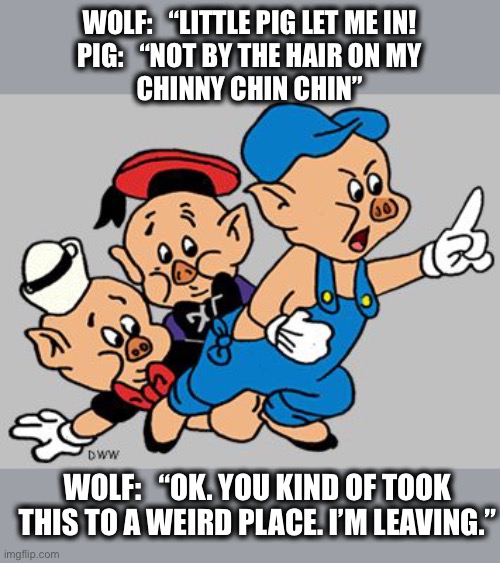 It is kind of weird |  WOLF:   “LITTLE PIG LET ME IN!
PIG:   “NOT BY THE HAIR ON MY
CHINNY CHIN CHIN”; WOLF:   “OK. YOU KIND OF TOOK THIS TO A WEIRD PLACE. I’M LEAVING.” | image tagged in 3 little pigs,wolf,weird,let me in,no,memes | made w/ Imgflip meme maker