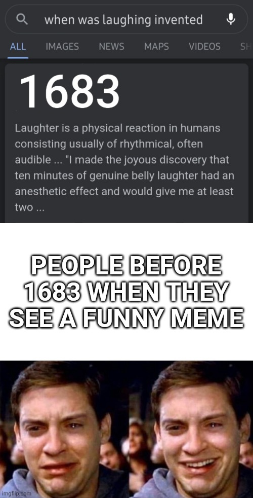 PEOPLE BEFORE 1683 WHEN THEY SEE A FUNNY MEME | image tagged in peter parker cry then smile | made w/ Imgflip meme maker