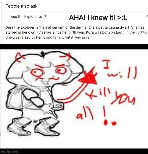 say wha | AHA! i knew it! >:L | image tagged in say what,dora the explorer,aha,devil | made w/ Imgflip meme maker