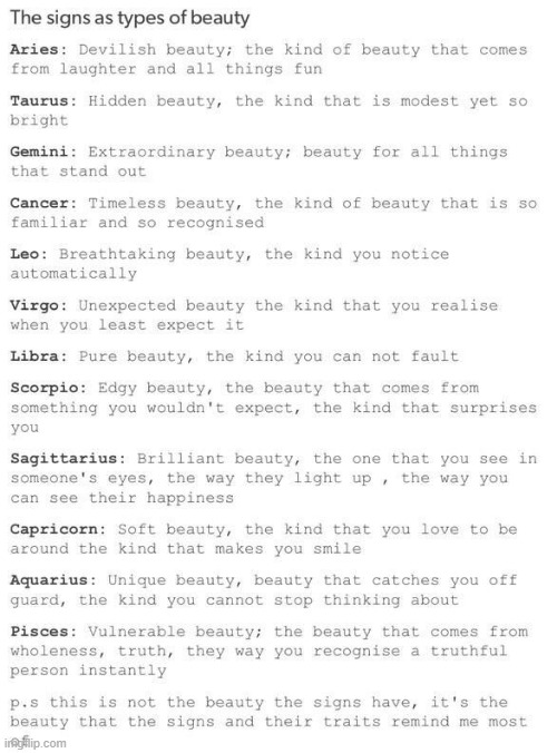 Types of beauty that zodiac signs have | image tagged in beauty,zodiac,stuff | made w/ Imgflip meme maker