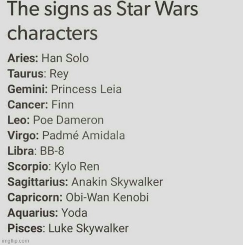 Zodiac signs as Star Wars characters because yanno...why not?.... | image tagged in zodiac,signs,star wars,characters,yeet | made w/ Imgflip meme maker