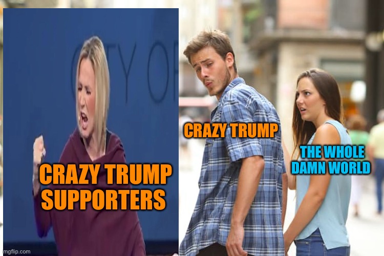 Distracted Boyfriend Meme | CRAZY TRUMP SUPPORTERS CRAZY TRUMP THE WHOLE DAMN WORLD | image tagged in memes,distracted boyfriend | made w/ Imgflip meme maker