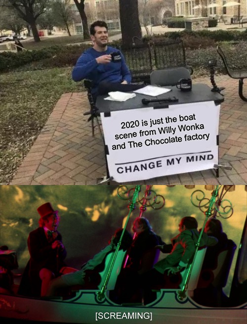 Continuous screaming 24/7 | 2020 is just the boat scene from Willy Wonka and The Chocolate factory | image tagged in memes,change my mind,willy wonka | made w/ Imgflip meme maker