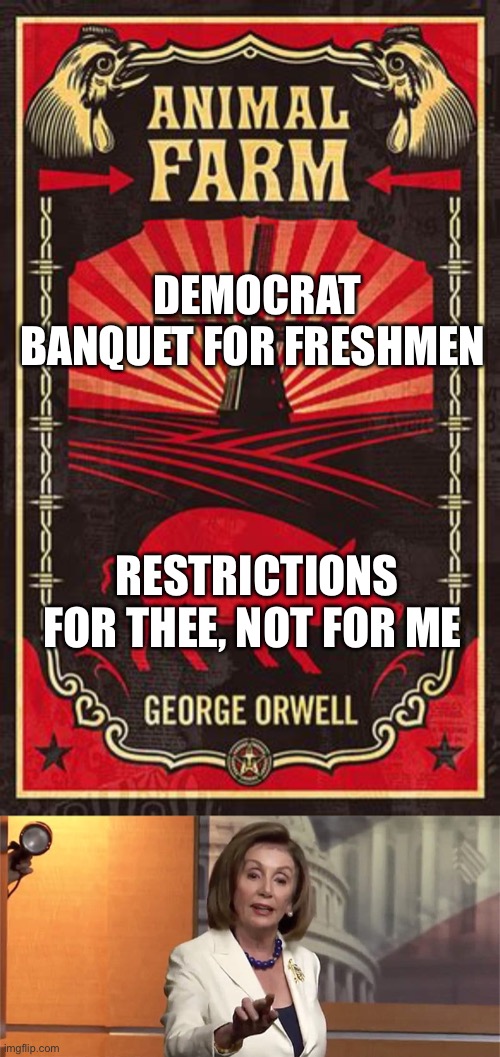 Lockdown for thee, not for me. | DEMOCRAT BANQUET FOR FRESHMEN; RESTRICTIONS FOR THEE, NOT FOR ME | image tagged in animal farm,nancy pelosi,democrats,lockdown,hypocrites | made w/ Imgflip meme maker