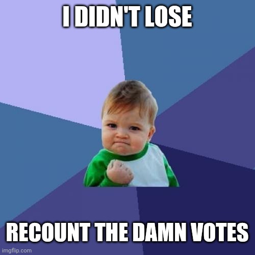 Success Kid Meme | I DIDN'T LOSE; RECOUNT THE DAMN VOTES | image tagged in memes,success kid | made w/ Imgflip meme maker