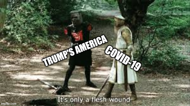 It's Just a Flesh Wound | COVID-19; TRUMP'S AMERICA | image tagged in it's just a flesh wound,donald trump,covid-19 | made w/ Imgflip meme maker