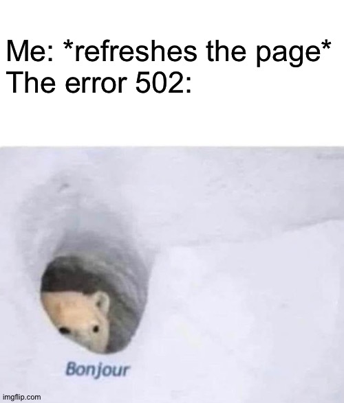. | Me: *refreshes the page*
The error 502: | image tagged in bonjour | made w/ Imgflip meme maker