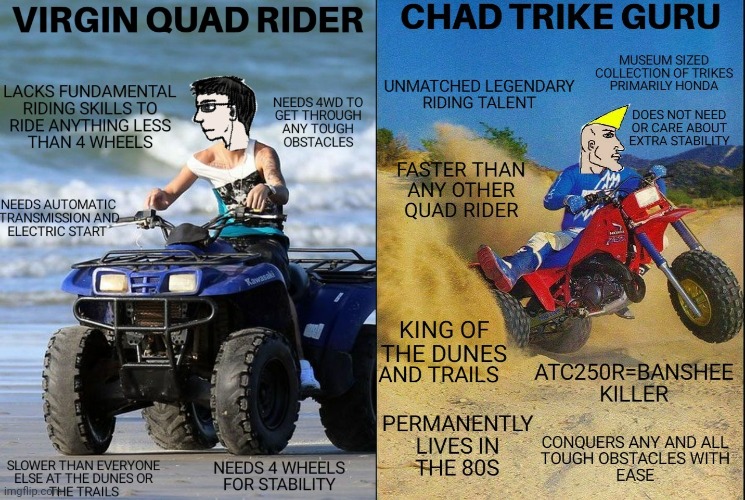 Virgin Quad Rider VS Chad Trike Guru | image tagged in virgin vs chad,motocross,atv,trikes,3 wheeler,offroad | made w/ Imgflip meme maker