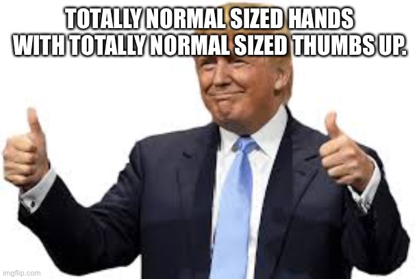 Thumbs up Trump | TOTALLY NORMAL SIZED HANDS WITH TOTALLY NORMAL SIZED THUMBS UP. | image tagged in thumbs up trump | made w/ Imgflip meme maker