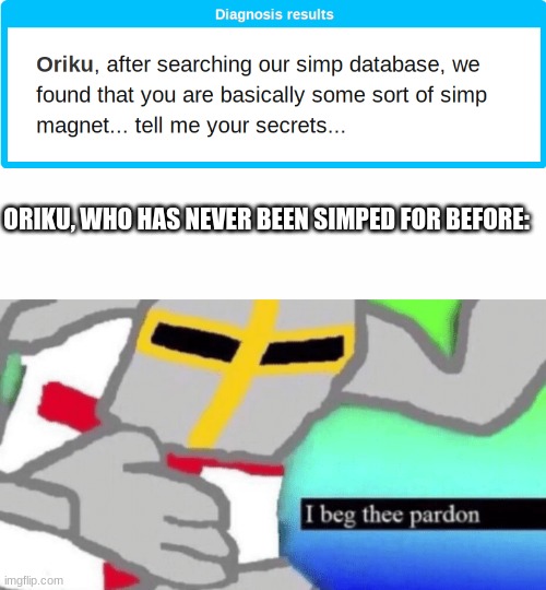 Oriku: What's a simp-? | ORIKU, WHO HAS NEVER BEEN SIMPED FOR BEFORE: | image tagged in white screen,i beg thee pardon | made w/ Imgflip meme maker