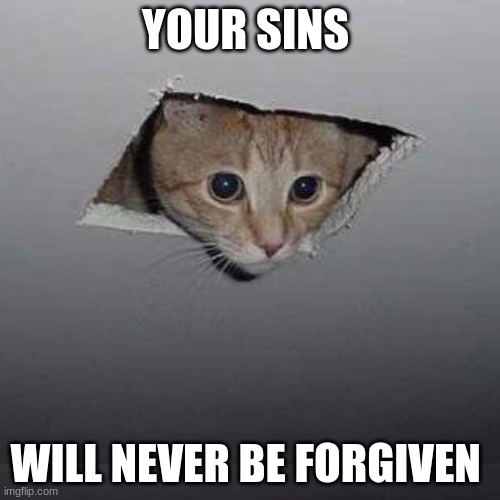 Ceiling Cat Meme | YOUR SINS; WILL NEVER BE FORGIVEN | image tagged in memes,ceiling cat | made w/ Imgflip meme maker