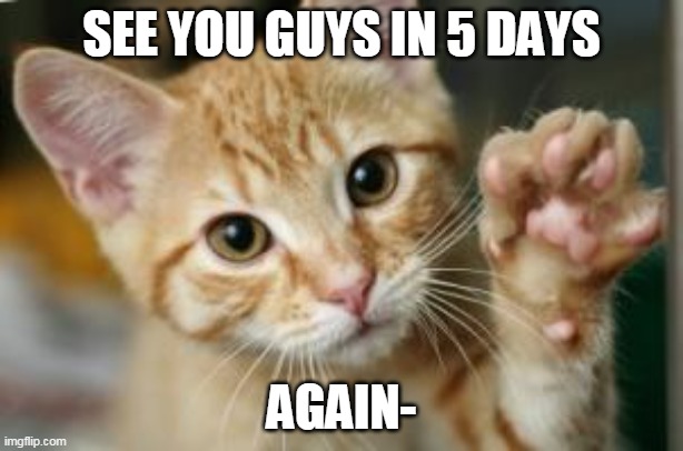 b y e- | SEE YOU GUYS IN 5 DAYS; AGAIN- | image tagged in goodbye cat | made w/ Imgflip meme maker