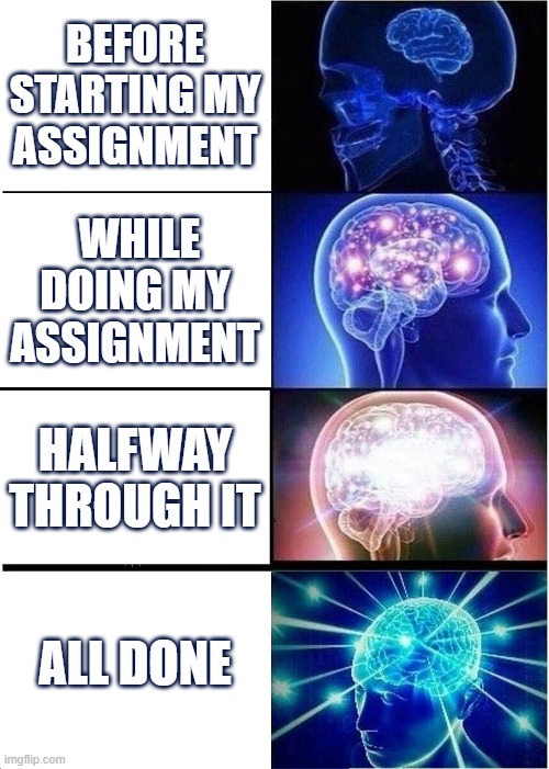 What my brain goes through during an assignment | BEFORE STARTING MY ASSIGNMENT; WHILE DOING MY ASSIGNMENT; HALFWAY THROUGH IT; ALL DONE | image tagged in memes,expanding brain | made w/ Imgflip meme maker