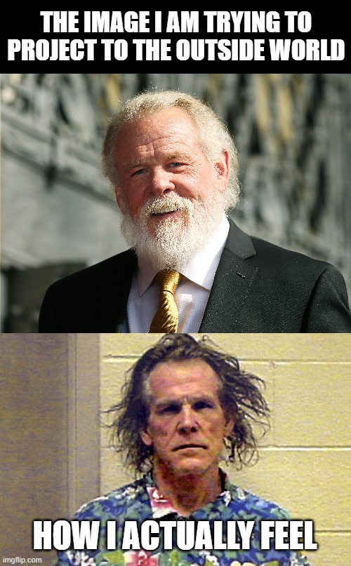 THE IMAGE I AM TRYING TO PROJECT TO THE OUTSIDE WORLD; HOW I ACTUALLY FEEL | image tagged in nick nolte | made w/ Imgflip meme maker