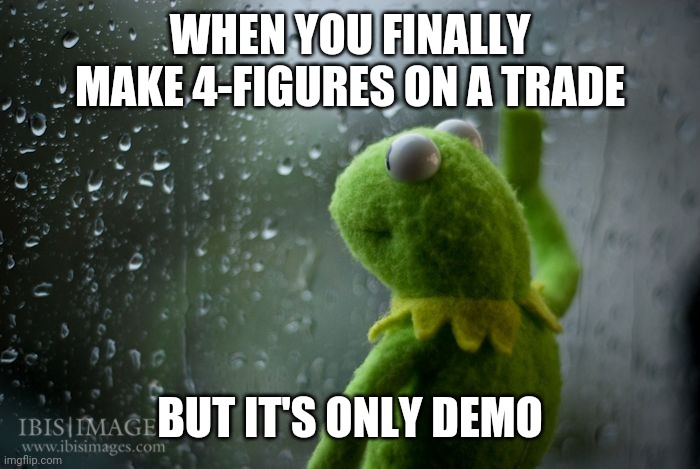 Demo Account Trading | WHEN YOU FINALLY MAKE 4-FIGURES ON A TRADE; BUT IT'S ONLY DEMO | image tagged in kermit window,new trader,forex,forex trader,trader,forex market | made w/ Imgflip meme maker
