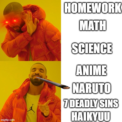 No Homework yes Anime | HOMEWORK; MATH; SCIENCE; ANIME; NARUTO; 7 DEADLY SINS; HAIKYUU | image tagged in memes,drake hotline bling,anime,homework | made w/ Imgflip meme maker
