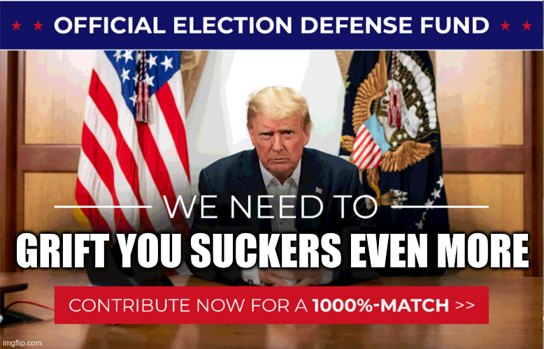 Trump's Latest Grift | GRIFT YOU SUCKERS EVEN MORE | image tagged in official election defense fund,trump,grifter,fail | made w/ Imgflip meme maker
