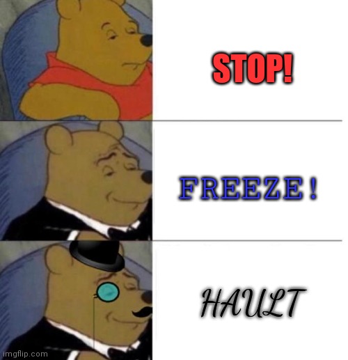 My sister came up with this | STOP! FREEZE! HAULT | image tagged in tuxedo winnie the pooh 3 panel | made w/ Imgflip meme maker